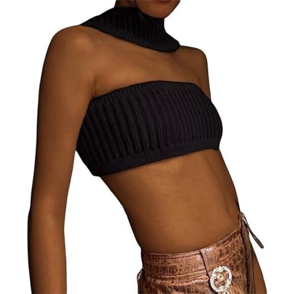 Women's Strapless Ribbed Knitted Crop Top – Halter Tube Bandeau Bustier - Picture 7 of 7